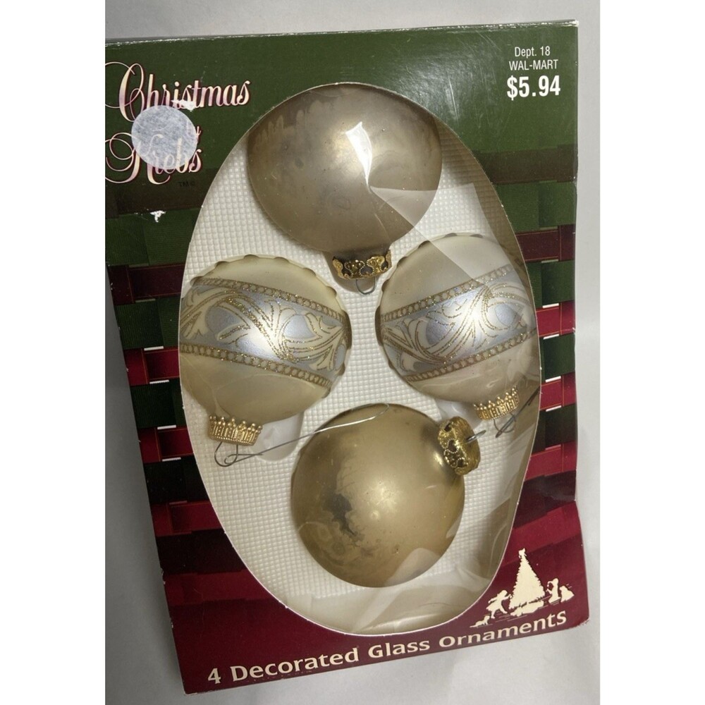4 Vintage Gold  and Decorated Balls in Box 2.5 inch Not Perfect